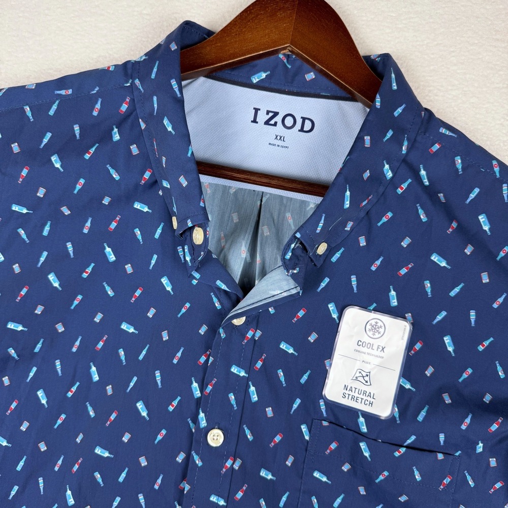 NWT IZOD Button Down Shirt Mens XXL Dark Navy Blue Bottle AOP Cool FX Stretch